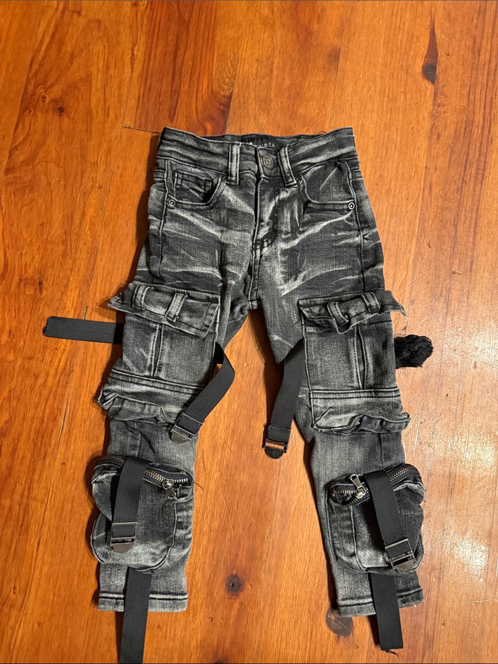 Kids Black Washed Cargo Jeans with Strap Details